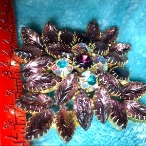 Vintage Purple Etched and AB Rhinestone Square Diamond Brooch
